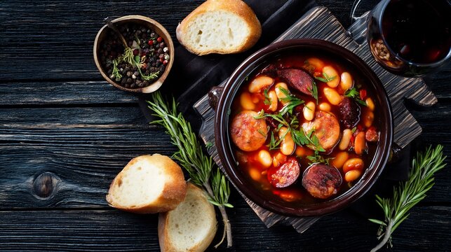 Dinner cuisine Spain featuring fabada asturiana hearty bean stew with chorizo and morcilla rustic meal in ceramic bowl captured from above on black wooden background