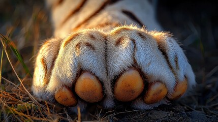 Fototapeta premium Close-up of a tiger's paw resting on the ground. The paw's soft fur, distinct stripes, and padded paws are visible