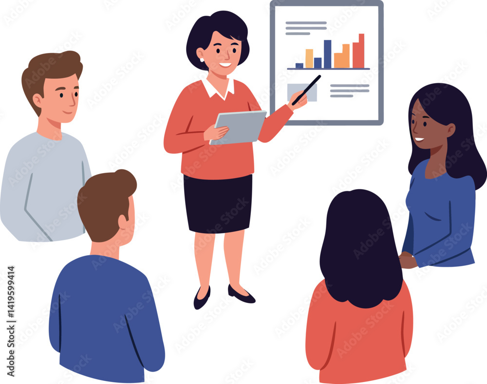 Aufkleber group of diverse professionals in casual attire discussing bar chart presentation flat design vector