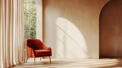 Red armchair stands near window with cream colored curtains