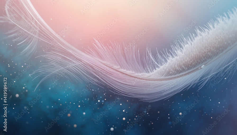 Poster delicate feather floating in ethereal atmosphere artistic imagery soft color palette dreamy setting 