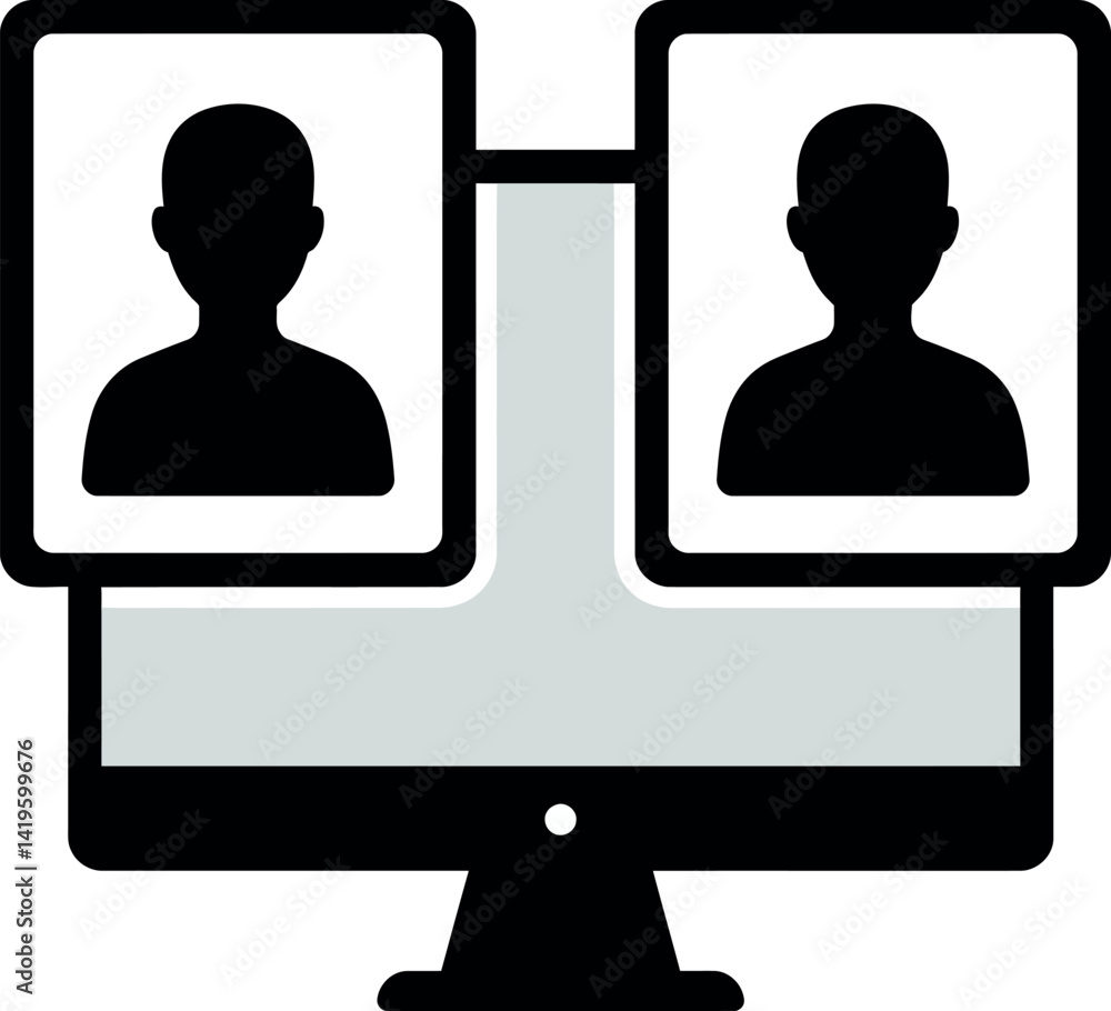 Poster computer monitor with two user profile silhouettes connected by lines flat minimal vector illustrati