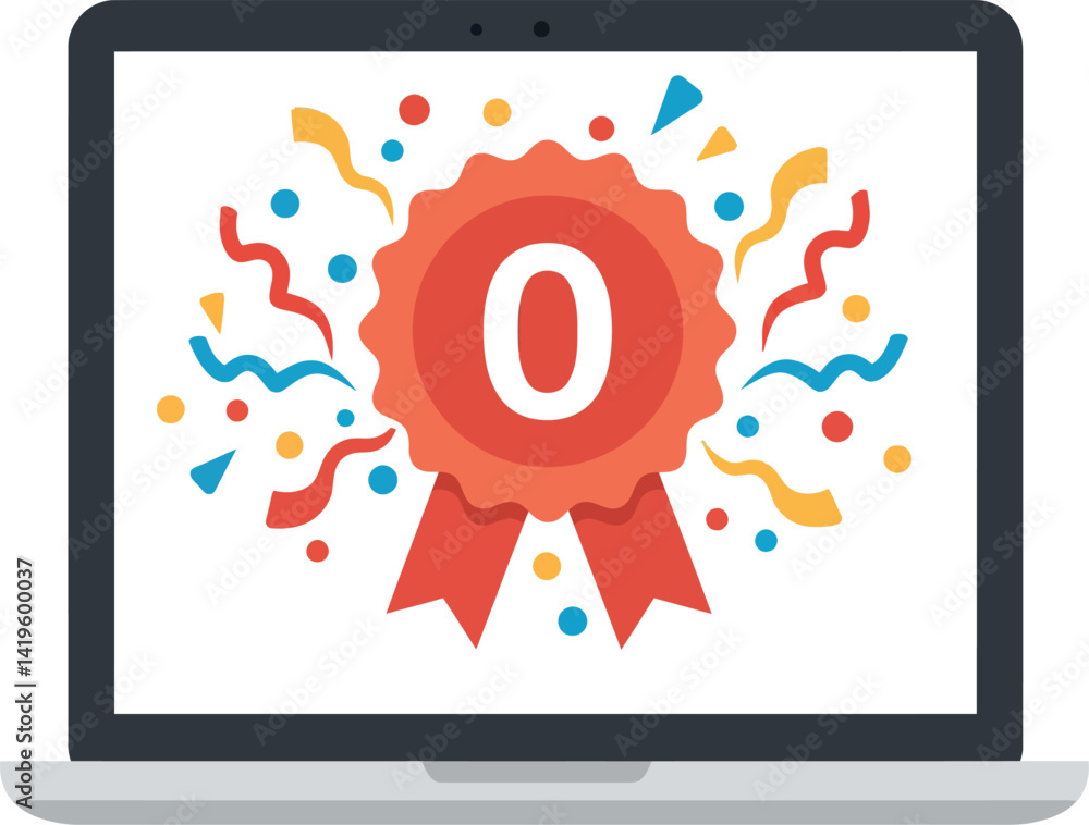 Poster laptop computer with red award ribbon zero number and colorful confetti flat design vector illustrat