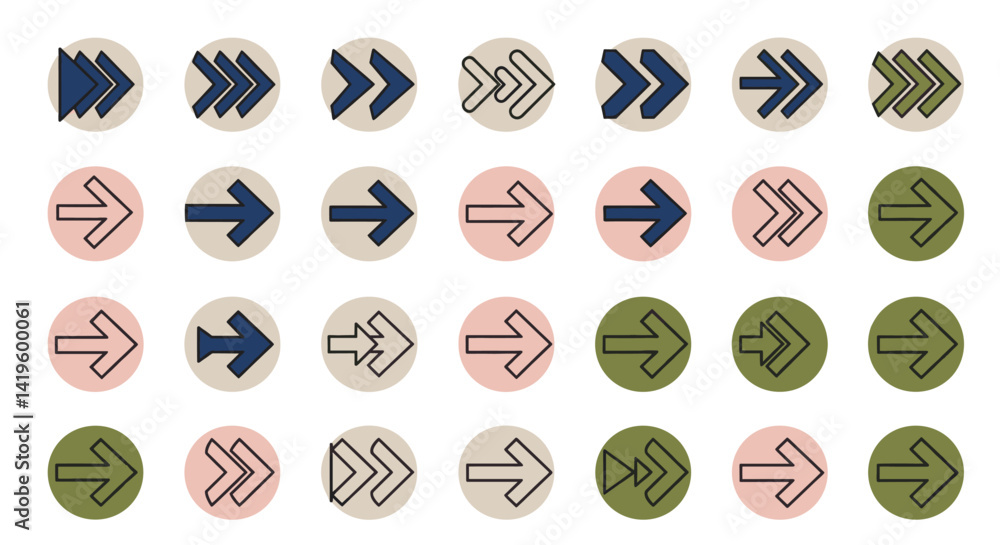 Poster arrow icons set in circles pointing right direction navigation guidance concept
