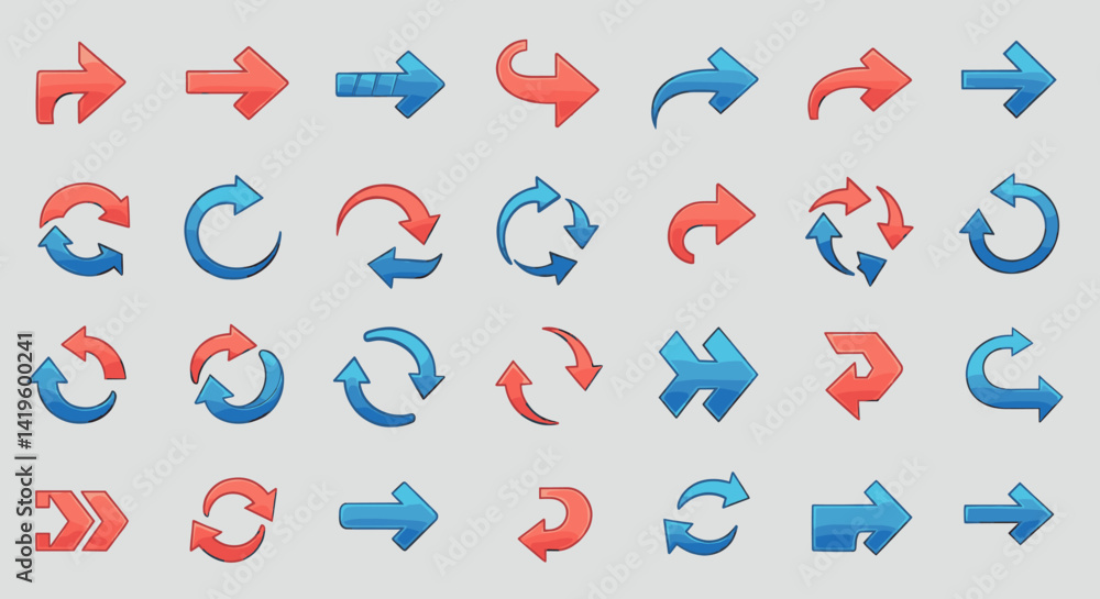 Poster arrows collection set showing direction and reload concept in red and blue colors, various styles in