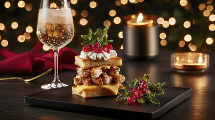 delicious grilled cheese sandwich layered with chicken, garnished with berries and mint, set against festive background