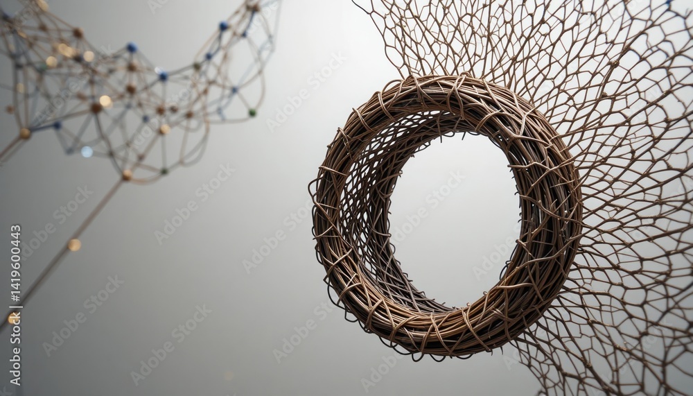Aufkleber Artistic circular structure encapsulated in intricate netting indoor gallery abstract photography minimalist environment close-up perspective