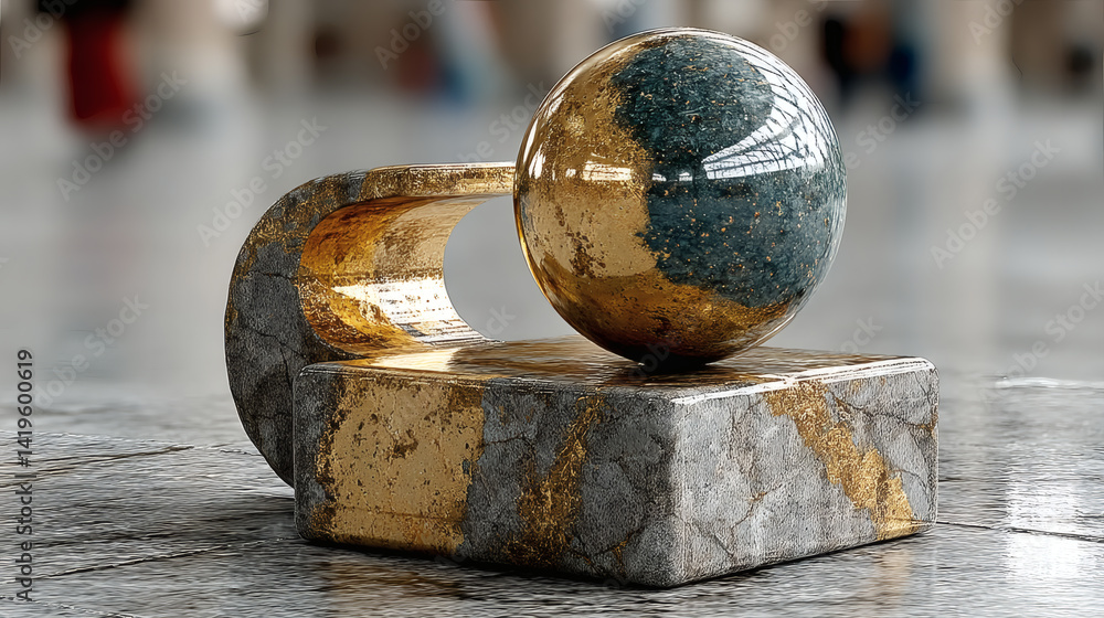 Poster elegant golden sphere on textured marble base with reflection