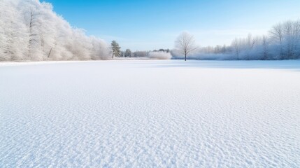 Winter wonderland scene, pristine snow-covered landscape, frosty trees, bright blue sky