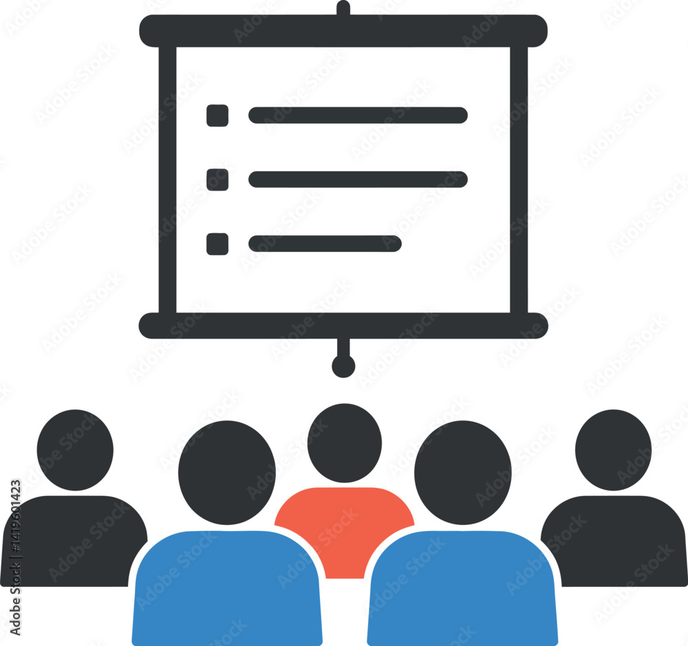 Aufkleber group of people attending presentation with projection screen in flat minimal vector illustration