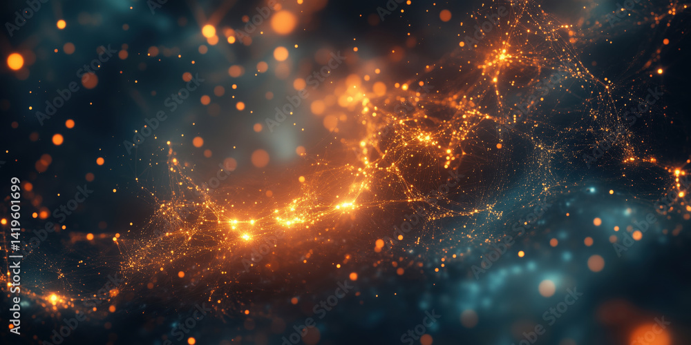 Poster cosmic network of glowing particles and light trails in dark space.
