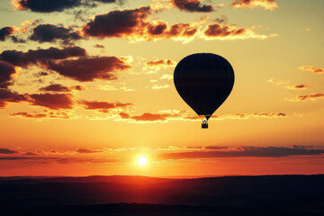 Fototapeta premium Hot air balloon floating in the distance, silhouetted against a sunrise 