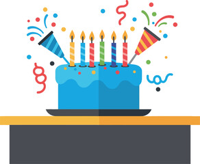 Fototapeta premium Blue birthday cake with colorful candles and festive confetti flat design vector illustration
