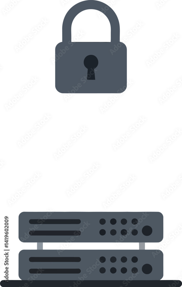 Poster security padlock icon above stacked server units in minimal flat design digital protection vector il