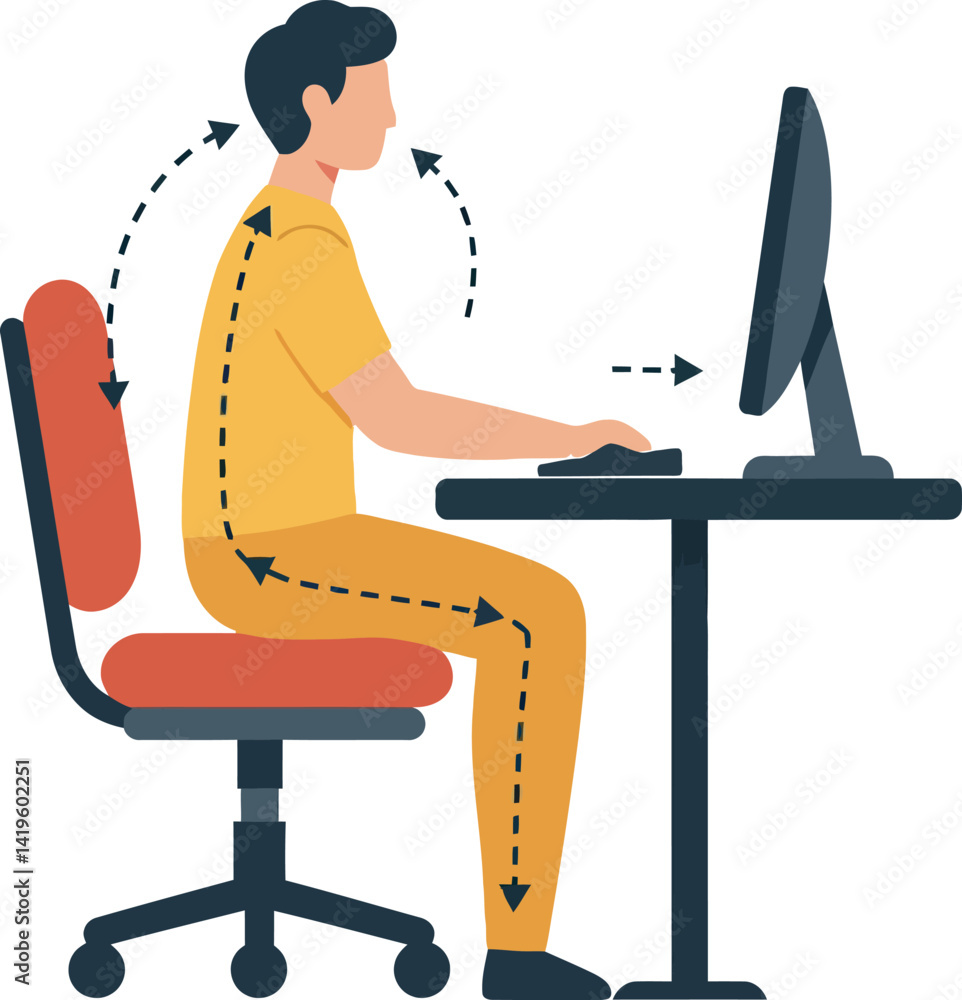 Aufkleber man sitting at desk with computer demonstrating ergonomic posture in flat design vector illustration