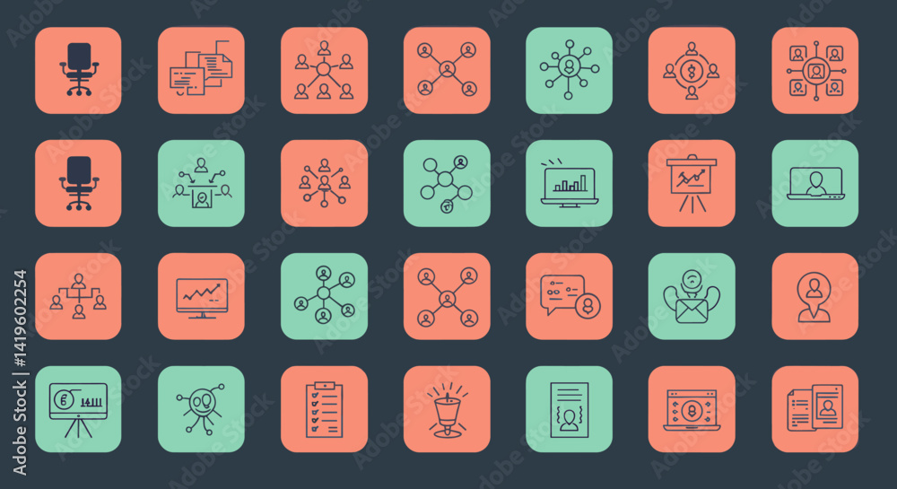 Poster business network and management outline icons set on rounded square tiles concept visuals representi