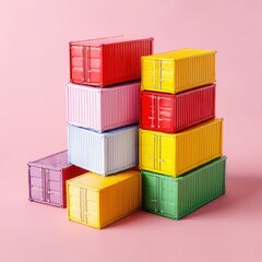 Stack of colorful containers on pink background