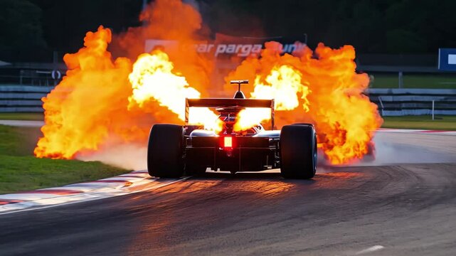 A powerful racing car speeds around the track, showcasing impressive flames from its exhaust as dusk settles. The scene captures the thrill and intensity of motorsport action.