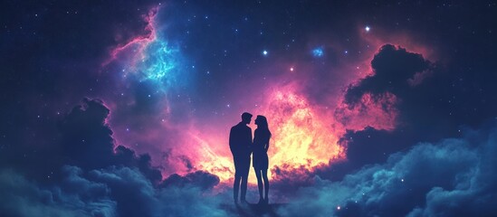 Fototapeta premium Couple Standing on Clouds in Nebula Background