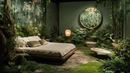 Bedroom with lush green vegetation resembling a forest interior