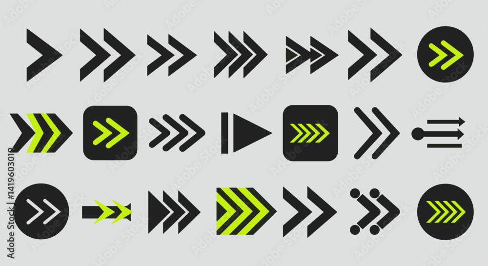Poster collection of black and green arrow icons pointing right direction for interface design and web navi