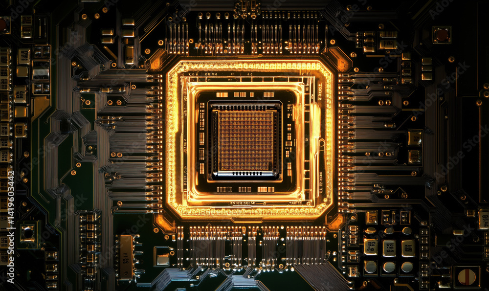 Poster high-tech microchip with glowing circuitry and intricate design details.