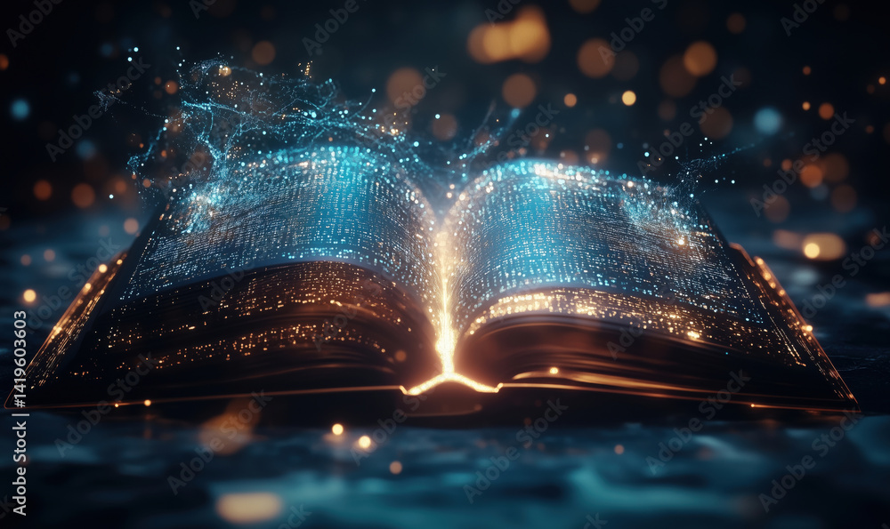 Poster magical open book with glowing text and sparkling particles in dark background.