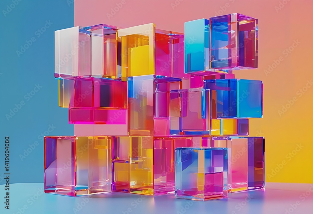 Poster a vibrant stack of translucent, colorful cubes creates a playful geometric composition against a spl