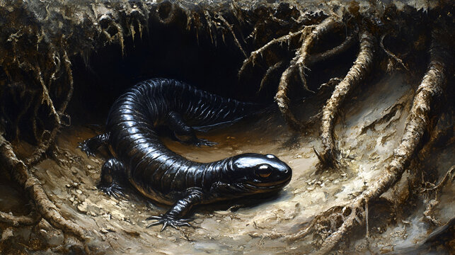 A caecilian resting in a shallow burrow, surrounded by moist soil and roots, its body slick and dark, with only the faintest traces of movement visible