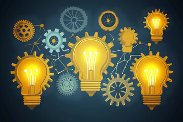 Conceptual abstract design showcasing interconnected light bulbs and gears representing idea generation and innovation in digital art