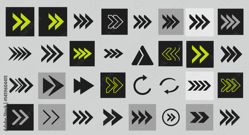 Poster collection of different style arrows pointing to the right for graphic design elements and navigatio