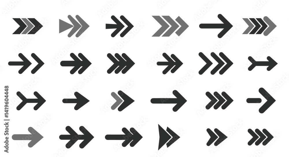 Poster collection of directional arrow symbols in various styles and shapes for navigation and design purpo