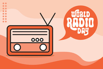 Flat retro illustration of a vintage radio with a speech bubble for World Radio Day celebration. Minimalist style with warm orange tones, perfect for media, communication, and awareness event themes.
