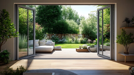 Fototapeta premium Beautiful garden and patio in summer seen from stylish designer room through bifold doors.
