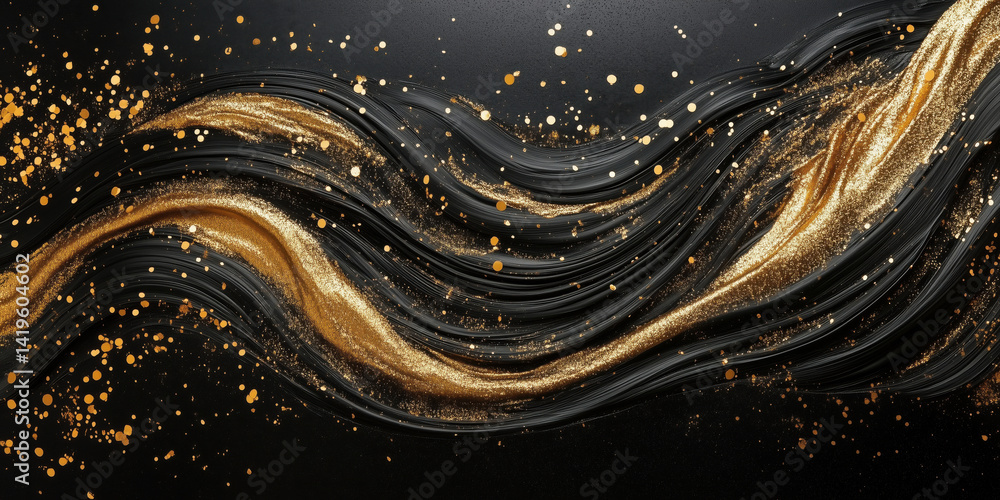 Poster elegant black and gold abstract background with flowing lines and glittering particles.