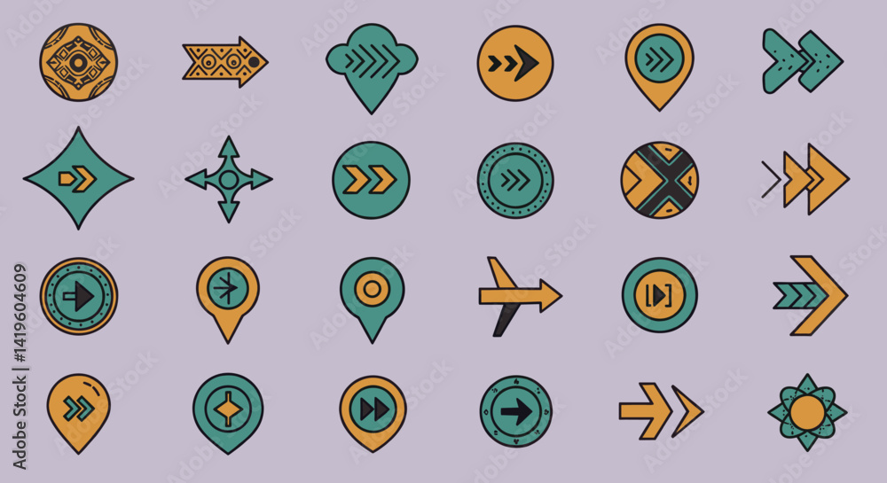 Poster collection of directional arrows in modern design style displaying various forward movements and nav