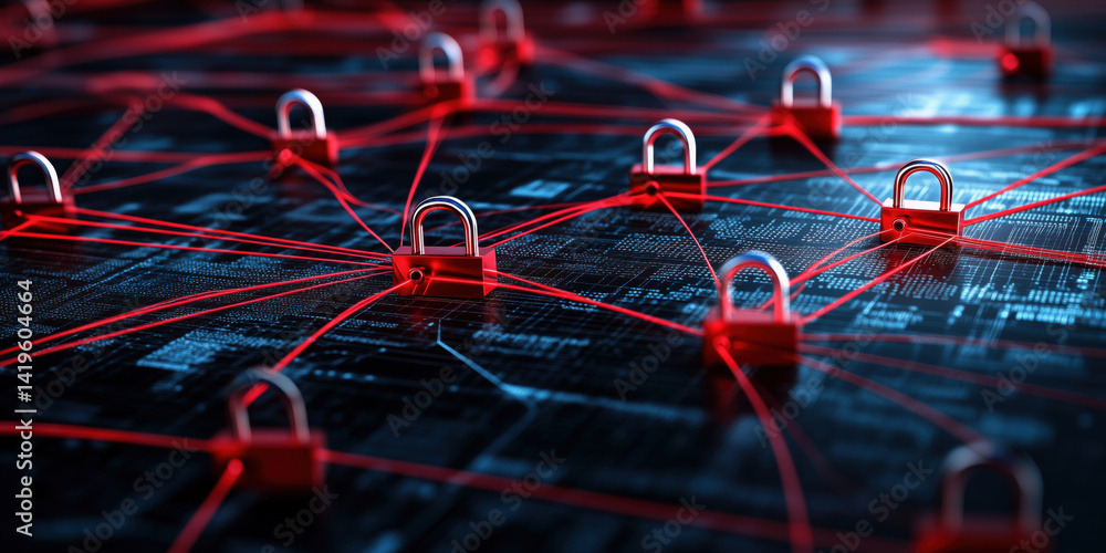 Poster cybersecurity network with red connections and padlocks representing data protection.