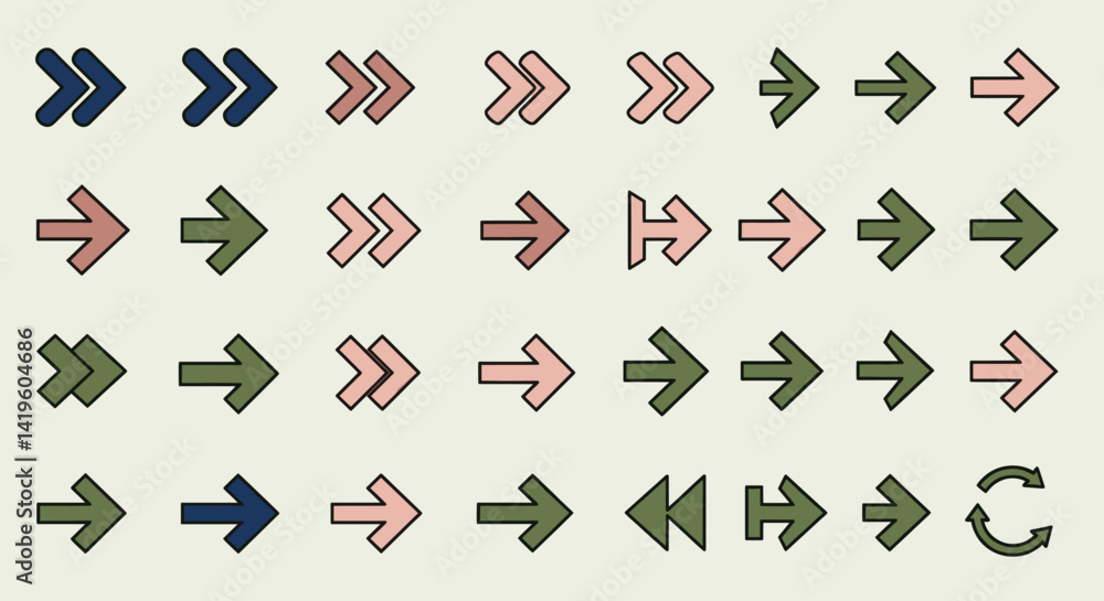 Poster collection of directional arrows pointing right in various styles and colors on an off white backgro