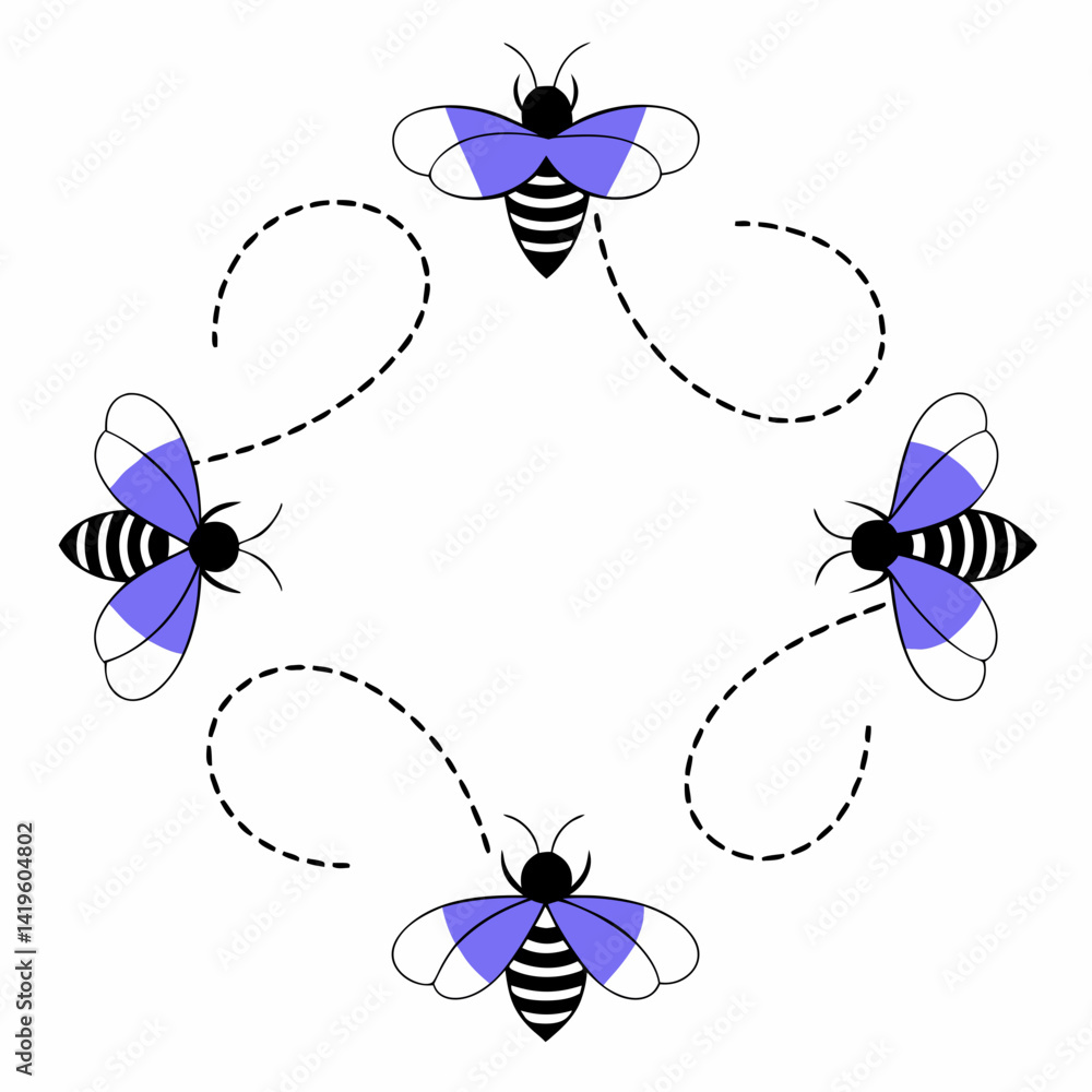 Aufkleber colorful bees in circular pattern with dashed flight paths create whimsical design. isolate on white