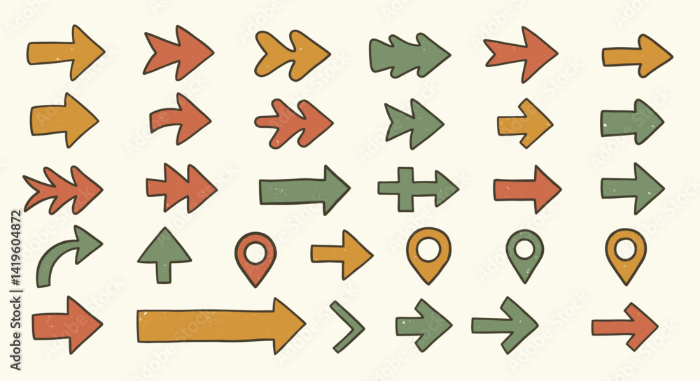 Poster collection of hand drawn arrows in various styles and colors pointing in different directions on bei