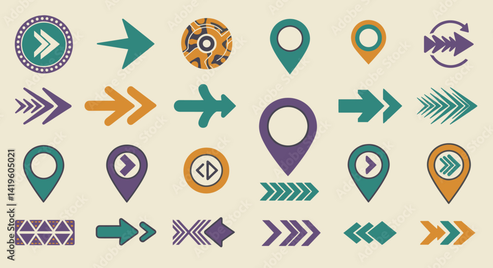 Poster collection of retro style arrows and map pointer icons in various designs and colors on a beige back
