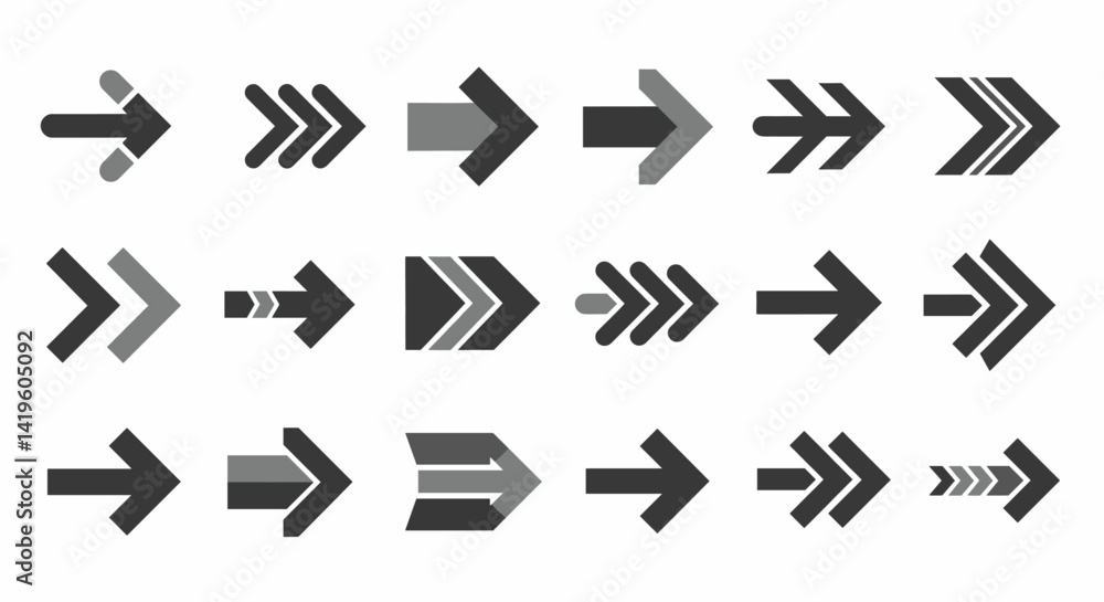 Poster collection of various arrow icons pointing right for direction and navigation purposes