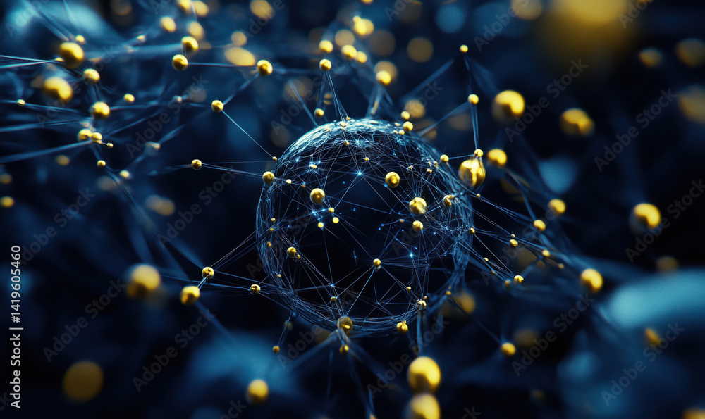 Poster abstract representation of interconnected nodes and spheres in a digital network.