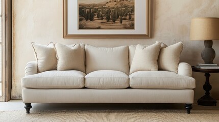 Beige couch with decorative pillows in living room setting