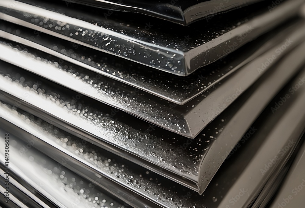 Poster a close-up view of stacked black tiles covered in small water droplets creates a striking pattern of