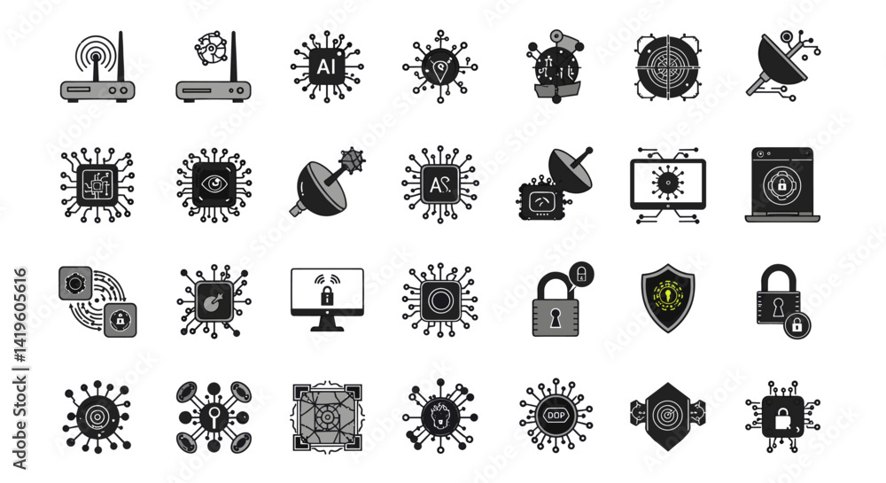 Poster cybersecurity and artificial intelligence icons depicting network security and data protection conce