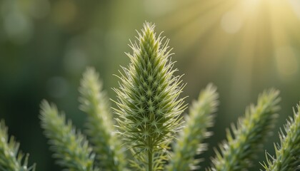 Emerging green spikes of nature sunlit garden macro photography serene environment close-up view growth concept