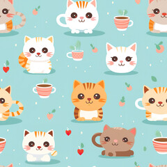 Cat Seamless Pattern – Kitten With Coffee Cups