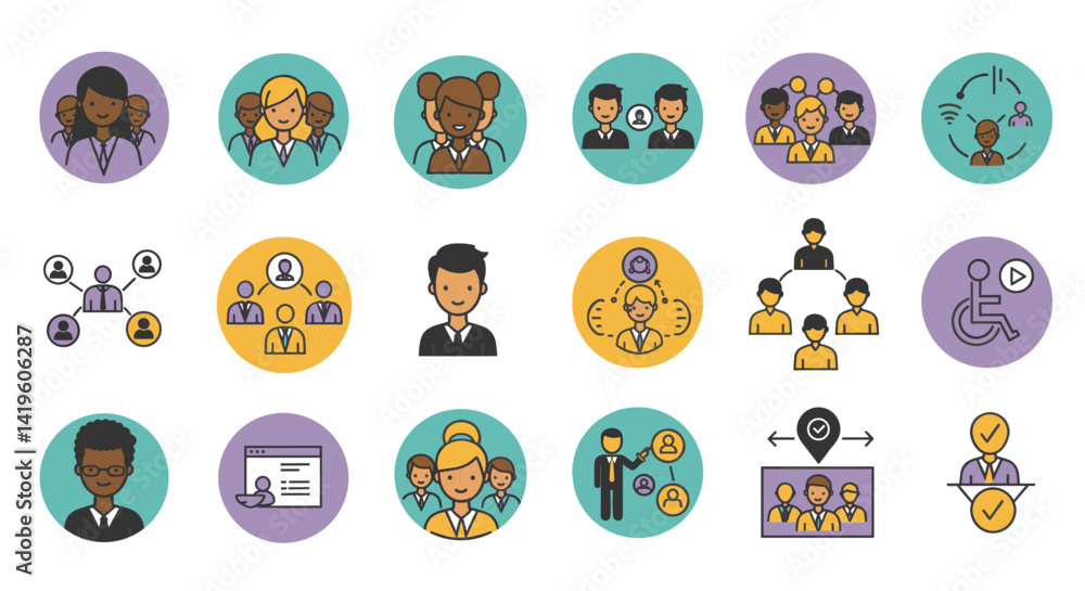 Poster diverse team collaboration and communication icons representing various business structures and stra