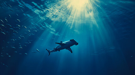 Naklejka premium A Hammerhead shark hunting in deep blue waters, its distinctive shape silhouetted against the backdrop of a school of small fish, with sunlight filtering through the water